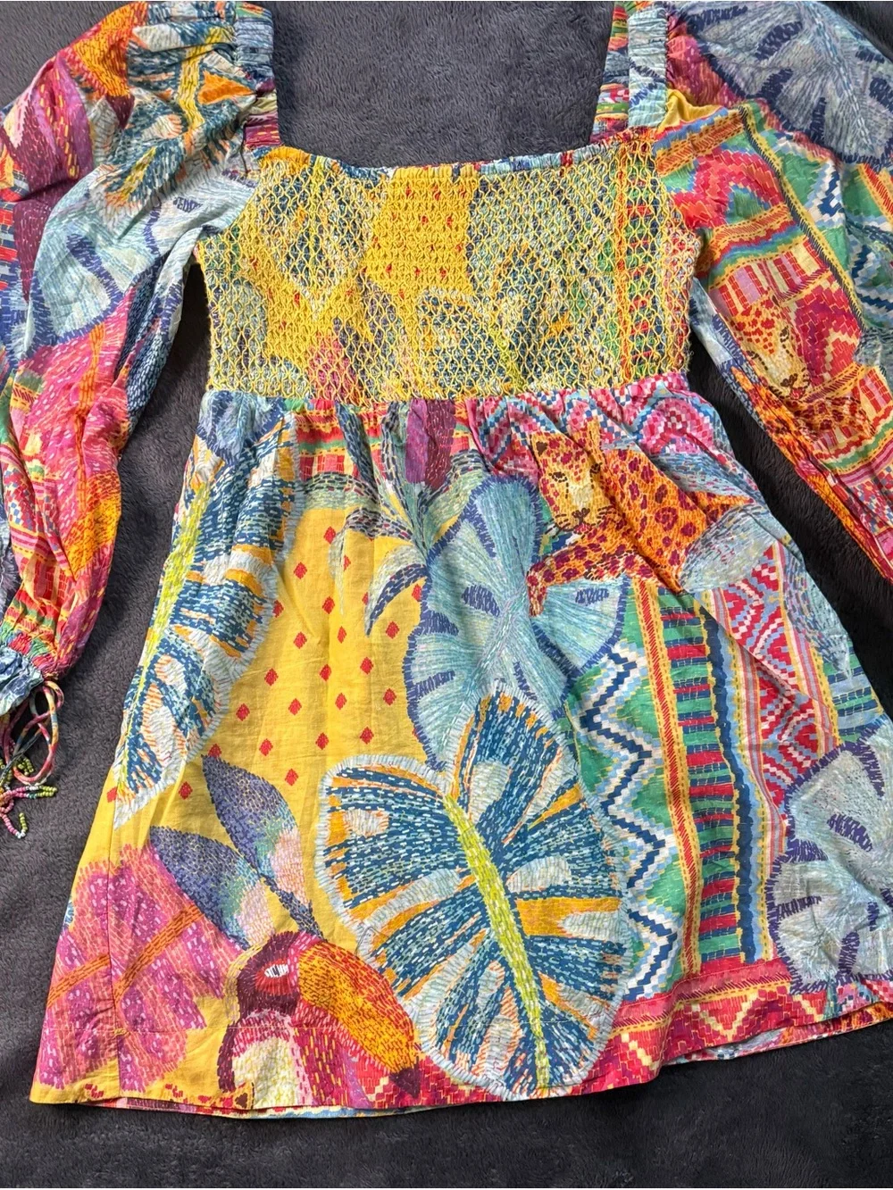 Farm Rio. Women’s Multicolor Boho Smocked Peasant dress - Picture 9 of 16
